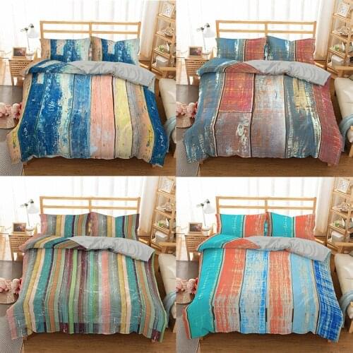 Ethnic Vintage Wooden Lines Printed Bedding Set Colorful Stripe Adult Comforter Duvet Cover 200x220 King Size Adult Couple Quilt
