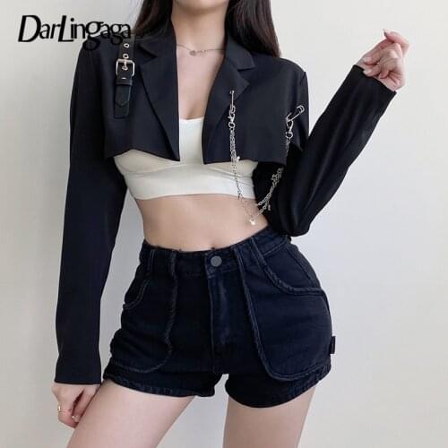 Darlingaga Streetwear Punk Chain Black Woman Jacket Buckle Fashion Cardigan Cropped Coat Autumn Winter Jackets Outerwear Short