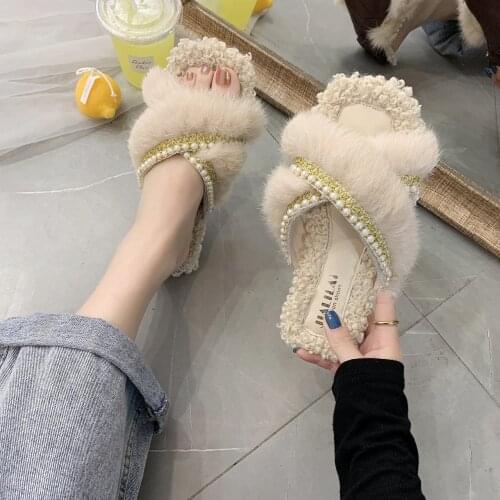 Lisapie Winter Warm Real Fur Slippers Women Shoes Woman Beaded Sequins Bling Plush Womens Furry Natural Rabbit Hair Shoes