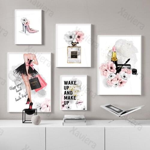 Minimalist Fashion Lipstick Perfume High Heels Art Poster Makeup Flower Picture Home Decoration Bedroom Canvas Painting No Frame