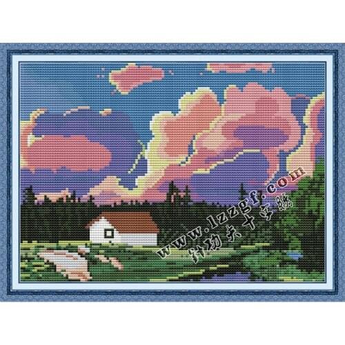 Cross Stitch Kit Country House Printing Embroidery 11CT 14CT Counting Needle Thread Hand Printing Decoration Gift Box Embroidery