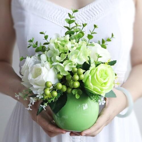 Modern Ceramic Vase+Artificial Flower Set Decor Home Furnishing Decoration Crafts Wedding Gifts Livingroom Silk Fake Flower Pot