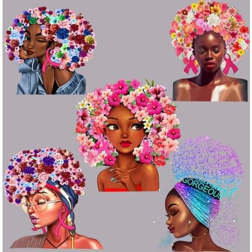 Beauty Black Flower Afro Girl Patches For Clothing Stickers Badges Iron On Transfer Patch Stripes On Clothes Application