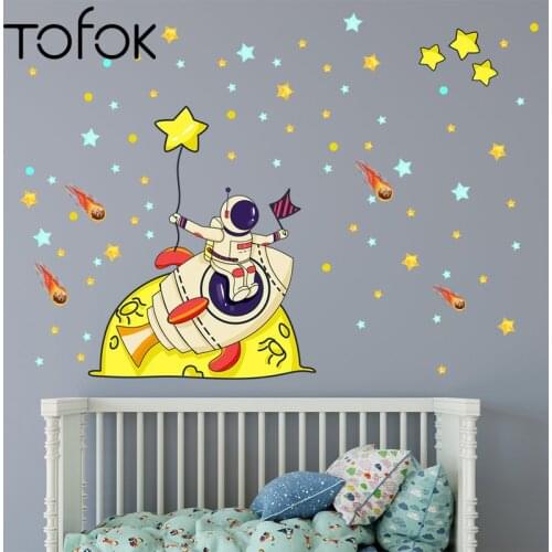 Tofok Cartoon Planet Astronaut Star Self-adhesive Wall Stickers Living Room Bedroom Kindergarten Background Decorative Murals