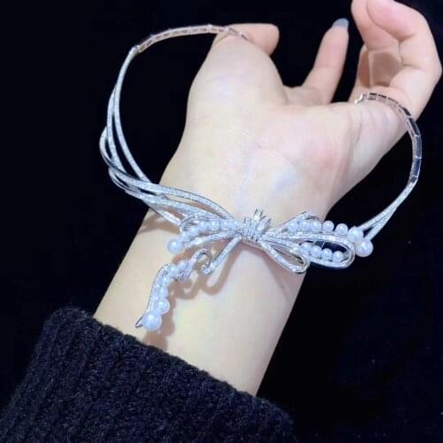 Natural fresh water pearl bowknot torques necklace 925 sterling silver with cubic zircon fine women jewelry party