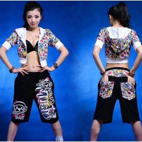 New Women Hiphop Jazz Dancing Jacket Small Navel Coat Loose Pants Inkjet Jazz Pants Girls Clothing Ballroom Dance Clothes XS2259