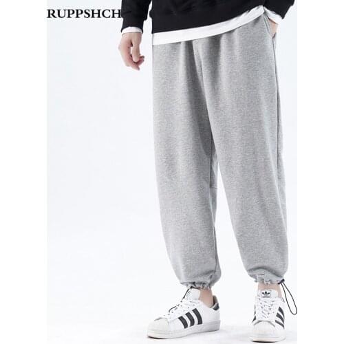 2021 Spring New Men Sports Pants Mens Fashion Pure Cotton Casual Loose Pants Men Personality Drawstring Pure Color Sports Pants