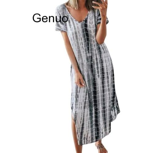 Boho Dress Women Holiday Beach Casual Plus Size V-Neck Tie dyeing Print Split Short Sleeve Dress Vestidos Verano 2020 Mujer 30