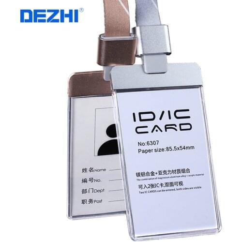 DEZHI Transparent Acrylic Clear ID IC Card Badge Holder with Exclusive Patent Lanyard Attached Al Alloy Connector