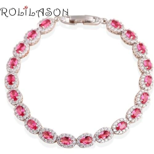 ROLILASON Permanent Light Appealing Jewelry Charm Bracelets for Women Silver Rose Pink Crystal Fashion Jewelry TB997