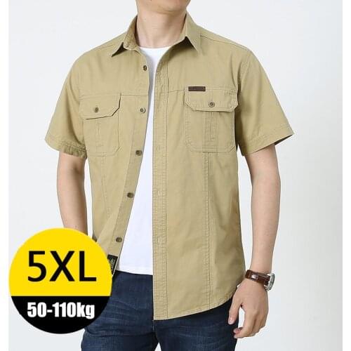 Summer Mens Military Short Sleeve Cargo Shirt 5XL Plus Size Thin Lapel Cotton Breathable Loose Tops Outdoor Sport Tactical Shirt