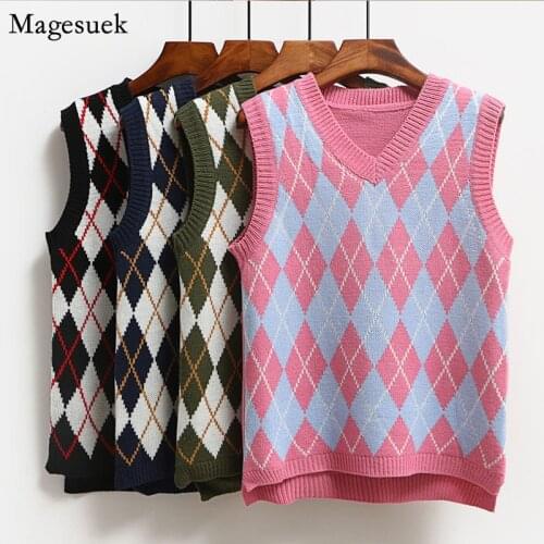 New Spring Autumn Casual Loose Sweater Vest Women Pullover Argyle Sweater Vest Sweet Sleeveless Plaid Knitted Vests Female 11832