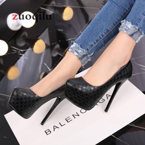 Pumps women shoes black Woven lattice platform high heels shoes woman high heel pu leather shoes women