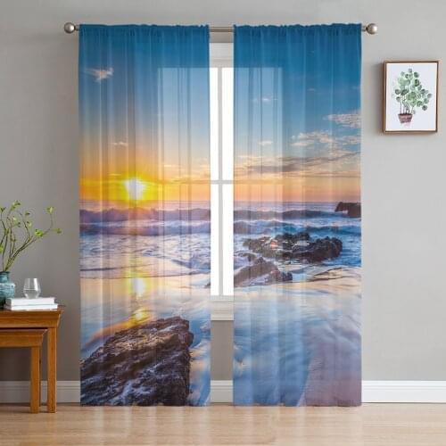 Beach Sunset Ocean Sheer Curtains for Living Room Bedroom Kitchen Tulle for Windows Voile Drapes Home Decoration