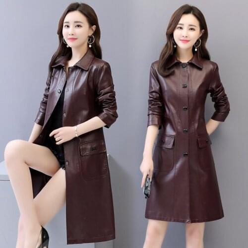 Spring Autumn Long Black Soft Faux Leather Coat Women Long Sleeve Covered Button Slim fit Elegant Leather Jacket Women 2021