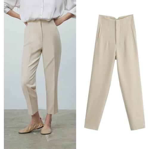 2021 Spring Trouser Suits High Waisted Pants Women Fashion Office Beige Pants Chic Button Zip Elegant Pink Casual Woman Pants