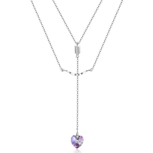 Women Double Layered Necklaces 925 Sterling Silver Zircon Heart Crystal Pendant Necklaces S925 Fashion Lady Charm Sweater Wears
