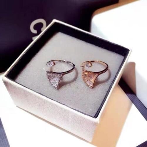 Cute Ginkgo Biloba Silver Rose Gold Adjustable Ring with Bling Zircon Stone for Women Wedding Engagement Fashion Jewelry