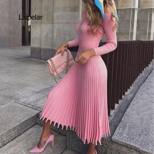 Women Knitted Long Dress Autumn Winter Slim Sleeve Ladies Dresses Elegant Party Female Sweater Dress 8 colors