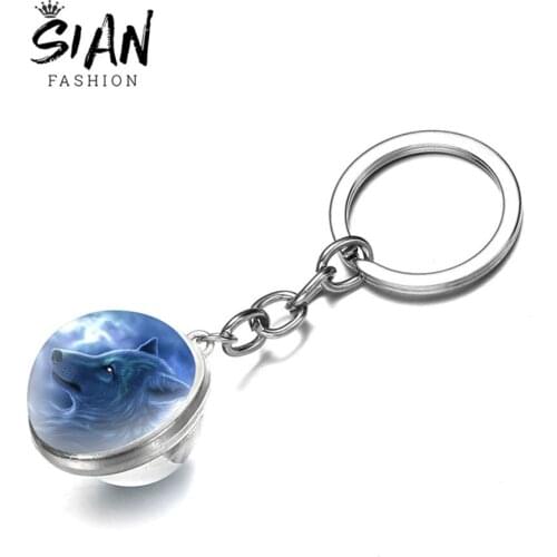 SIAN Vintage Wolf Keychain Wicca Animal Power Norse Viking Amulet Double Sided Glass Keychains Men Jewelry Nordic Talisman Gifts