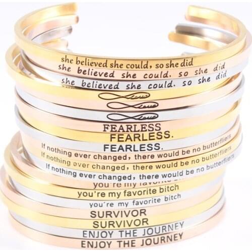 Mix Color 316L Stainless Steel Engraved Positive Inspirational Quote Cuff Mantra Bracelet Bangle for Women Men Jewelry