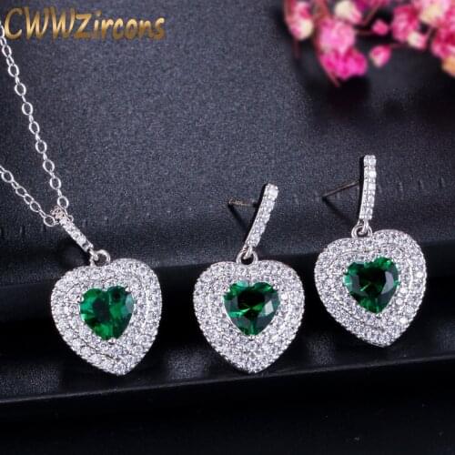 CWWZircons Classic Trendy Women Love Jewellery Green Austrian Crystal Ladies Heart Shape Earring and Necklace Jewelry Sets T277