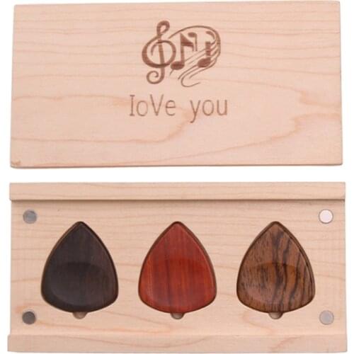 Guitar Pick Box Holder Wooden Collector with 3 Pieces Wood Picks Guitar Wooden Box Holder Wood Guitar Picks Classic