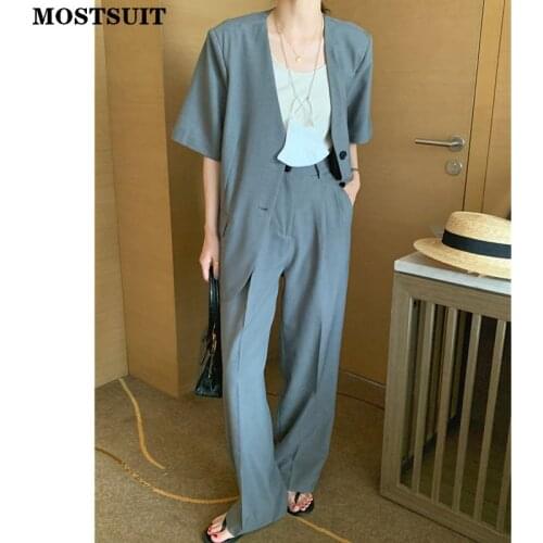 Chic Elegant 2 Piece Blazer Pants Suits Set Women V-neck Blazer & Elastic High Waist Wide Leg Suit Pants Workwear Female Set