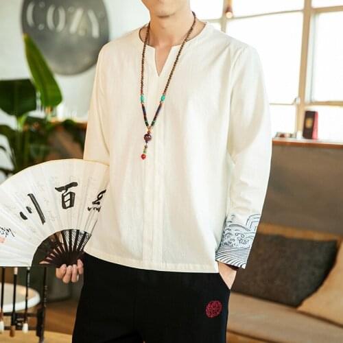 Cotton Linen Casual Pullover T-Shirts Hanfu Kung Fu Tai Chi Master Costume Tops Tradictional Chinese Clothing Male Shirts CN-138