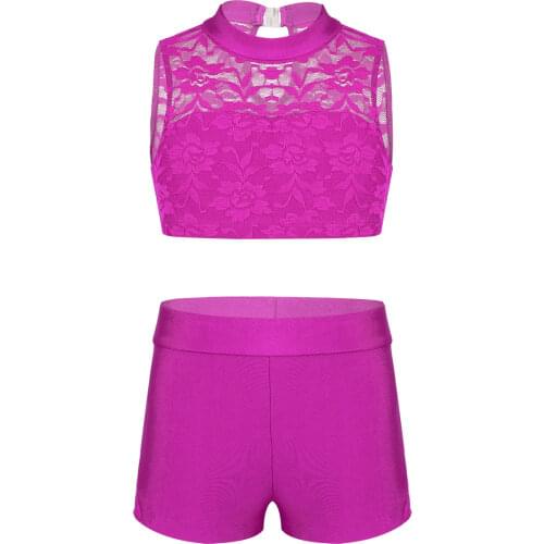 2Pcs Girls Outfits Kids Dance Wear Sleeveless Floral Lace Tank Top + Shorts Girl Clothing Childrens Set for Workout Fitness