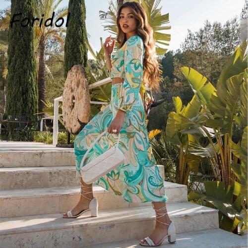 Foridol Paisley Print Green Dress Sets Satin Summer Long Sleve Boho Crop Top Skirt Two Pieces Suits 2021 Beach Dresses