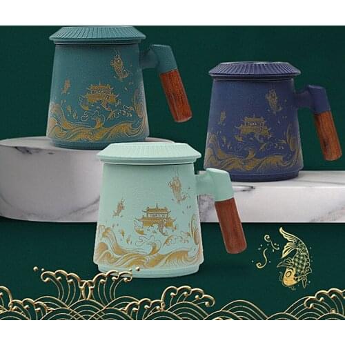Creative Retro Pattern Tea Water Separation Office Visit Gift Ceramic Mug Handle with Lid Filter Household Tea Cup Coffee Mugs