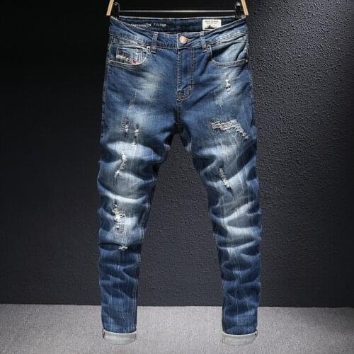Italian Style Fashion Men Jeans Retro Dark Blue Elastic Cotton Slim Fit Ripped Jeans For Men Vintage Designer Denim Pencil Pants