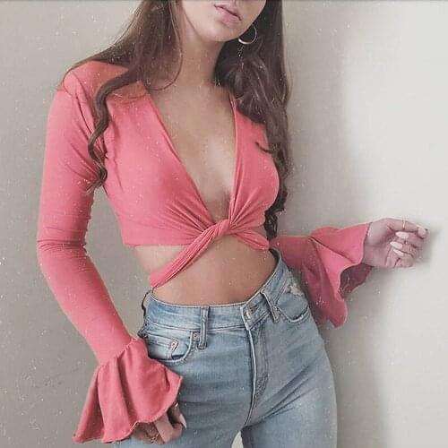 Fashion Sexy Solid Cross Strap Deep V Neck Long Bell Sleeve Crop Top 2021 Summer Women Sexy T shirt Female Streetwear