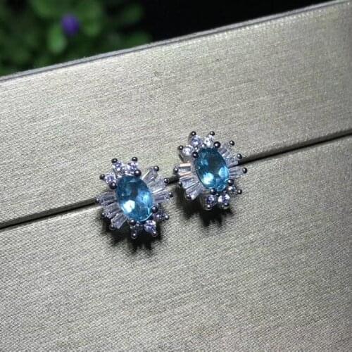 Fashion natural blue topaz earrings Natural gem stone earrings bow-knot round 925 silver female wedding earrings jewelry