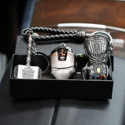3pcs Marvels Toy Keychain Set Action Figure Iron Man Mask Thor Hammer Thanos Glove Captain Avengers Endgame Car Key Pendant Gift