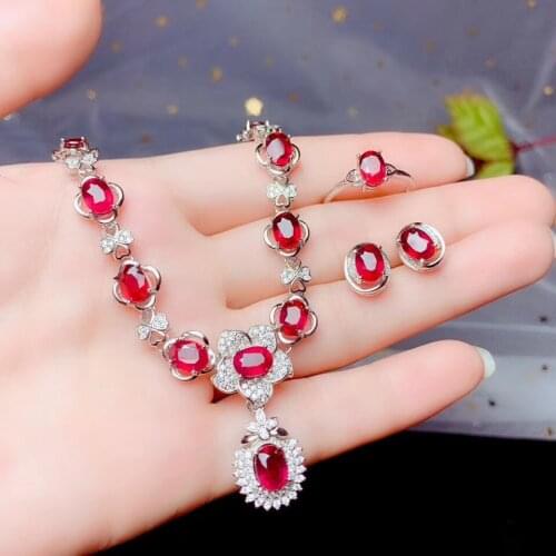 Shop specials. Latest release. Super luxury natural ruby suit. Includes ring necklace earrings. 925 pure silver