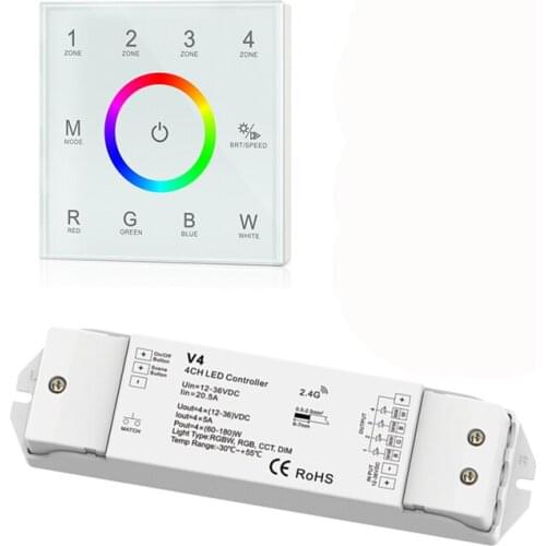 New Led RGBW Strip Controller Wall Mount Touch Panel 2.4GHz RF Remote 4 Zones Control 12V 24V 5A 4 Channel Wireless Receiver