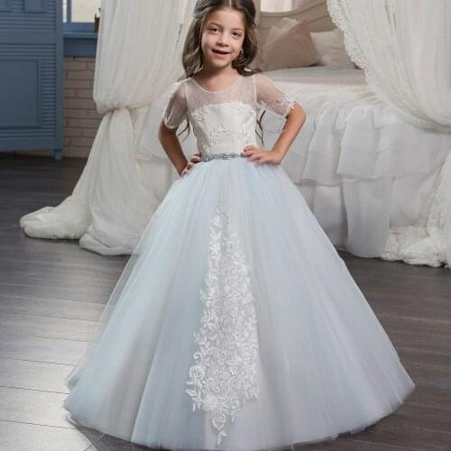 Charming Light Blue Ball Gown Flower Girl Dresses For Weddings Crystal Belt Kids Princess Pageant Dress First Communion Dresses