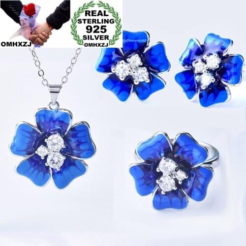 OMHXZJ Wholesale JE45 Fashion Woman Party Birthday Wedding Gift Flower 925 Sterling Silver Necklace+Earrings+Ring Jewelry Set