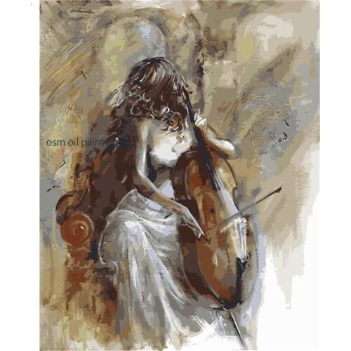 Hand Painted Modern Abstract Sexy Lady Play the Violoncello in Cray Canvas Picture Handmade Woman portrait Wall Art Oil Painting
