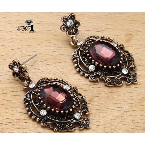 YaYi Jewelry Wholesale New Red Glass Rhinestone Dangle Crystal Earring Womens Fashion Ancient Gold Color Stud Gem Earrings Gift