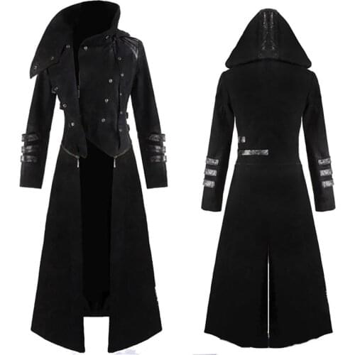 Steampunk Goth Long Trench Top Coat Men Military Peacoat High Collar Hooded Jacket Halloween Assassin Costume For Men 4XL 5XL