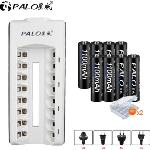 PALO 8 slots smart battery charger for AAA AA rechargeable battery+8pcs 1100 mAh NiMH AAA rechargeable batteries for camera toys