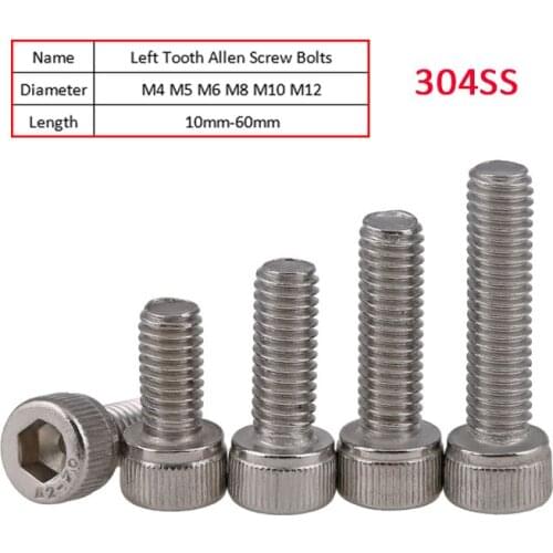 304 Stainless Steel Left Threaded Hexagon Hex Socket Cap Head Screw Reverse Thread Left Tooth Allen Screw Bolts M4M5M6 M8 M10M12