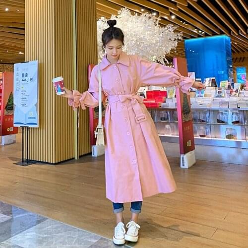 Womens Clothing Solid Womens Windbreaker Casual Womens Autumn Coat Button Pockets Sashes Womens Autumn Coat Korean Style