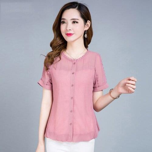 Women Spring Summer Style Chiffon Blouses Shirts Lady Casual Short Sleeve O-Neck Solid Color Chiffon Blusas Tops RR0038
