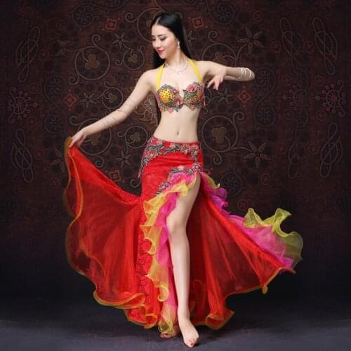 New Performance Women Dancewear Belly Dancing Clothes Oriental Dance Outfits Bra and Skirt Belly Dance Beaded Costume 2pcs