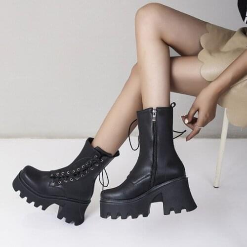 Ochanmeb Chunky High Heels Goth Boots Shoes Women Thick Platform Outsole Motorcycle Boots Woman Stylish Side Cross Tied Zip Boot