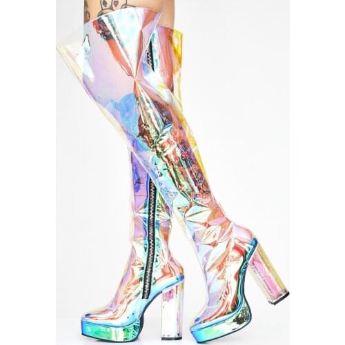 Sexy Women Coloured Intrigued PVC Transparent Over Knee Boots Pointed Toe Platform Lucency Thigh High Boot Ladies Botas Zapatos